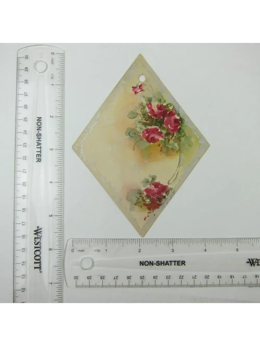 Victorian Card Watercolor Red Roses Flowers Green Leaves Silver Trim Antique